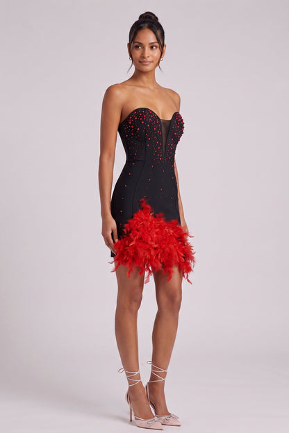 Black Heavy Stretch Knit Bodycon Mini Dress with Red Feather Trim black heavy stretch knit dress - product view 3