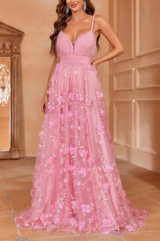 Elegant Plunging Neck Floral Applique Mesh Cami Party Dress