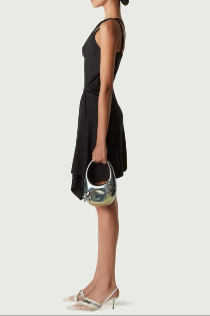 one-shoulder lace hollow mini dress in black