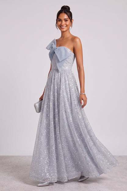 Silver-Blue Glitter Tulle A-Line Evening Gown silver-blue glitter tulle evening gown - product view 2