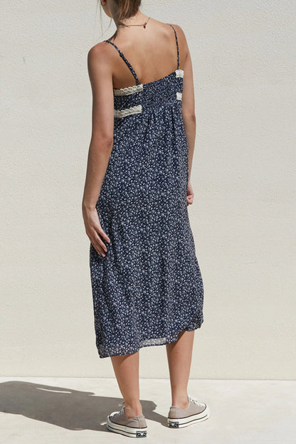 v-neckline Floral Lace Trim Midi Dress in Navy