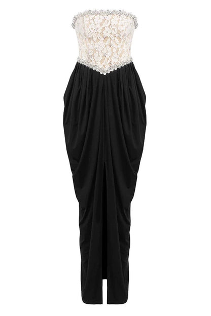 sharon Lace Beaded embellished Strapless Maxi Dress in black