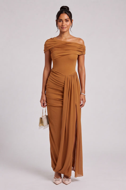 Ochre Stretch Jersey Sheath Dress with Draped Overlay ochre stretch jersey dress - product view 1