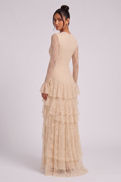beige delicate floral lace fitted bodice with tiered flared skirt gown beige, champagne delicate floral lace gown - product view 5