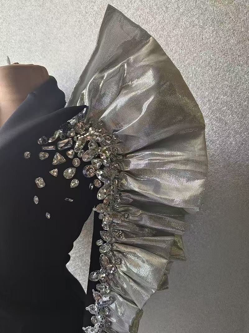 Black Blazer Mini Dress with Ruffled Organza Sleeves & Crystal Rhinestones