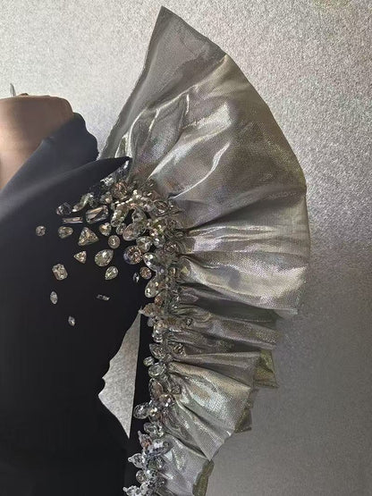 Black Blazer Mini Dress with Ruffled Organza Sleeves & Crystal Rhinestones