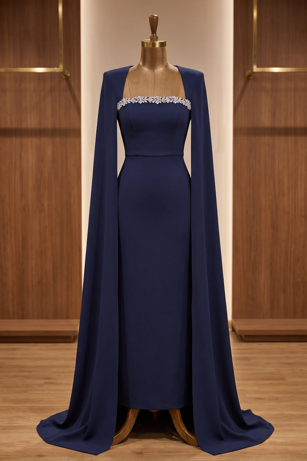 Navy Beaded Cape Sleeve Mermaid Evening Gown