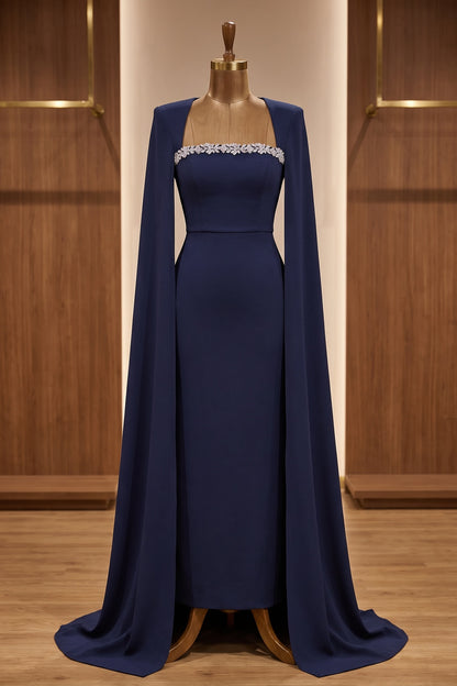 Navy Beaded Cape Sleeve Mermaid Evening Gown