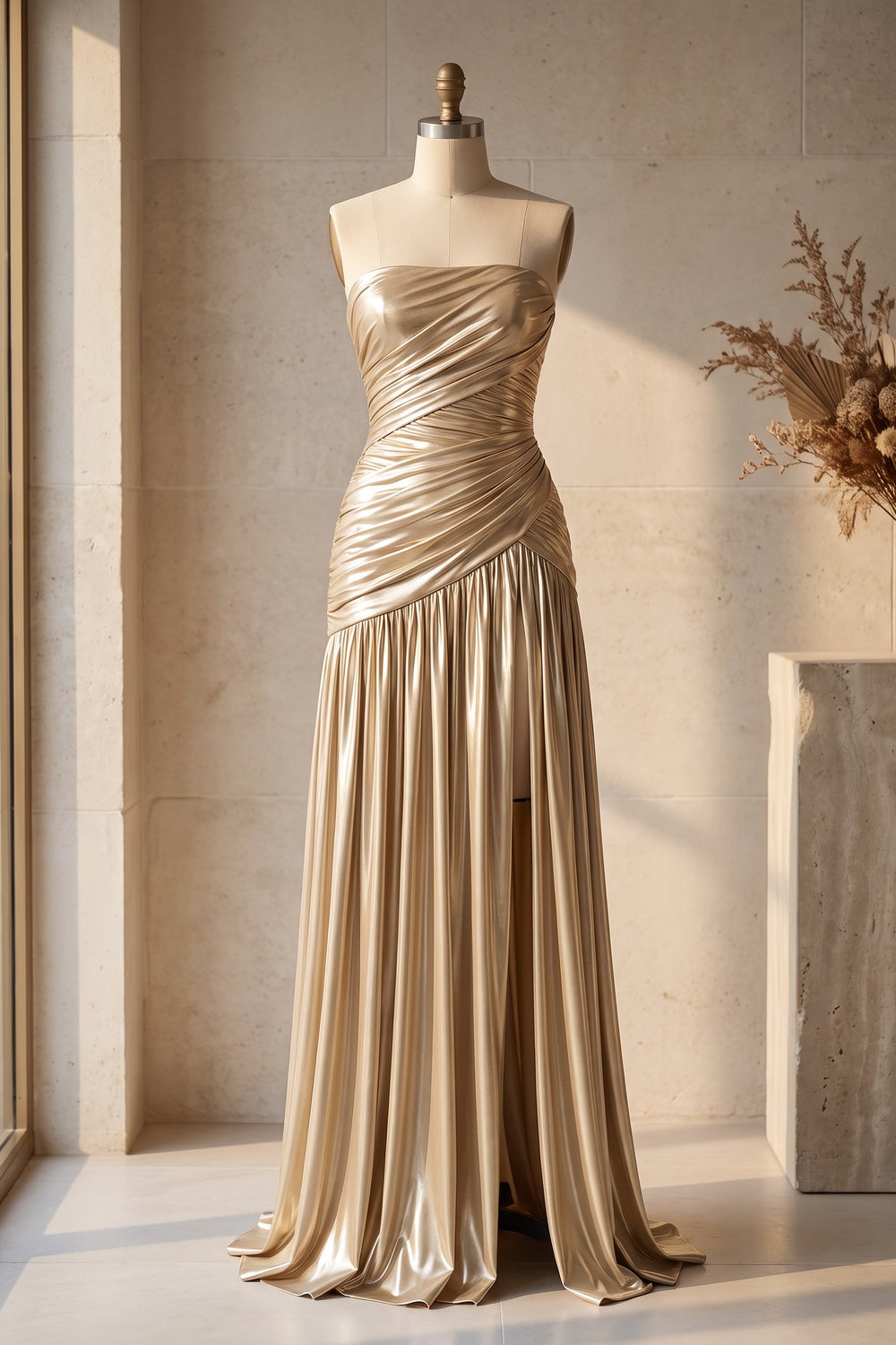 Metallic Gold Strapless Ruched Maxi Gown Premium Fabric - product view 8