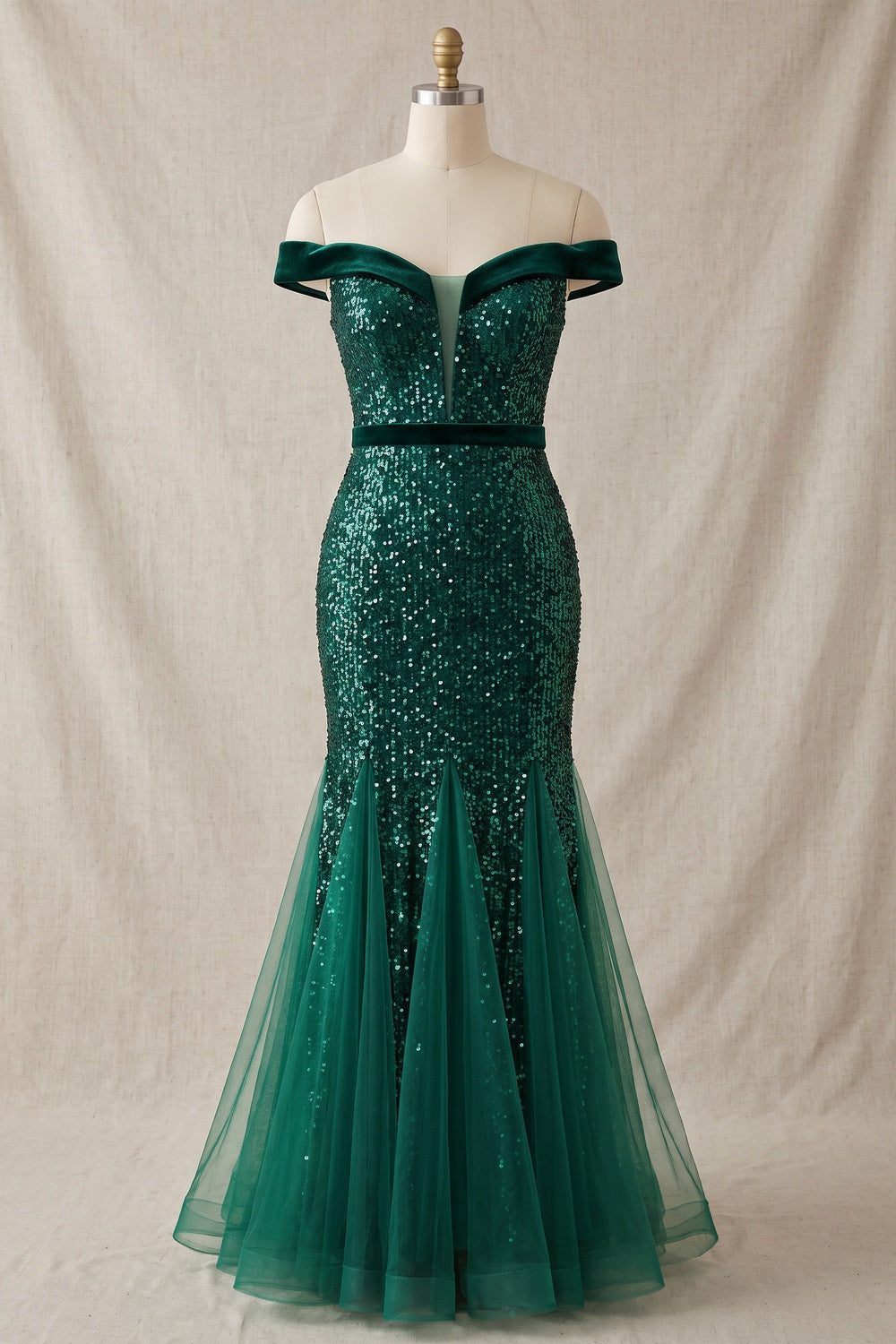 Emerald Green Off Shoulder Sequin Mermaid Evening Gown