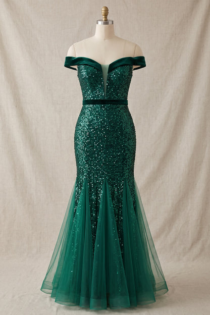 Emerald Green Off Shoulder Sequin Mermaid Evening Gown