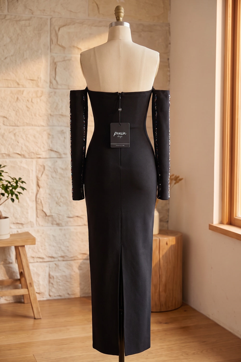 Black Strapless Maxi Dress with Detached Sleeves black heavy stretch knit strapless maxi dress with detached sleeves - product view 4