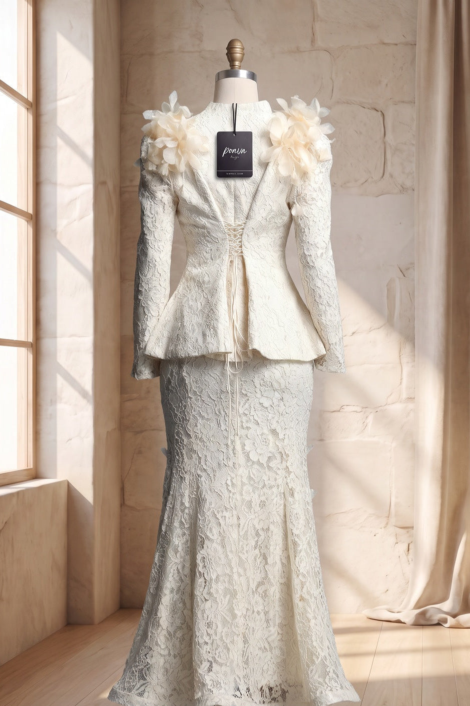 Ivory Corded Floral Lace Two-Piece Skirt Suit Ivory, Cream Corded floral lace Two-piece skirt suit - product view 4