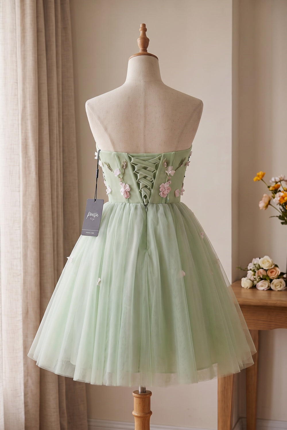 Light Sage Green Tulle A-Line Fit-and-Flare Dress with 3D Floral Appliques light sage green tulle dress - product view 4