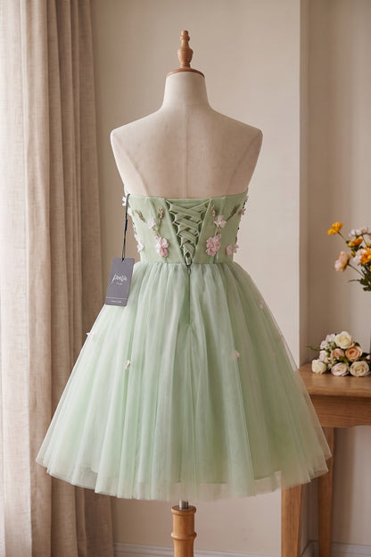 Light Sage Green Tulle A-Line Fit-and-Flare Dress with 3D Floral Appliques light sage green tulle dress - product view 4