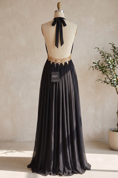 Black Chiffon A-Line Halter Evening Gown black chiffon evening gown - product view 4