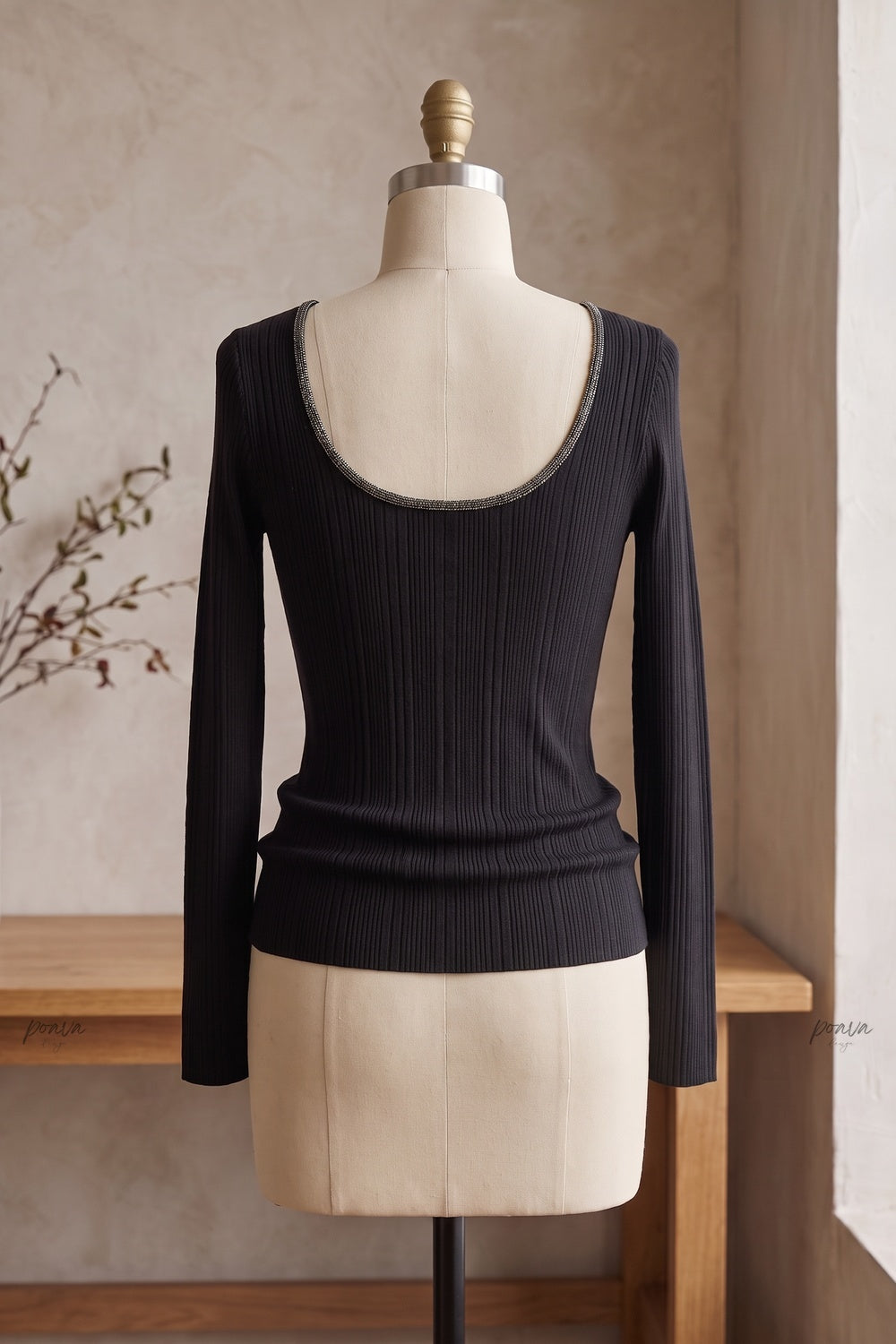 Black Ribbed Knit Fitted Top with Metallic Detail black ribbed knit knit top - product view 4