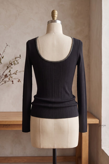 Black Ribbed Knit Fitted Top with Metallic Detail black ribbed knit knit top - product view 4