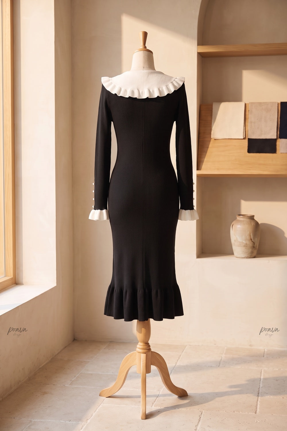 Black Ribbed Knit Mermaid Dress with White Ruffled Collar black ribbed knit dress - product view 4