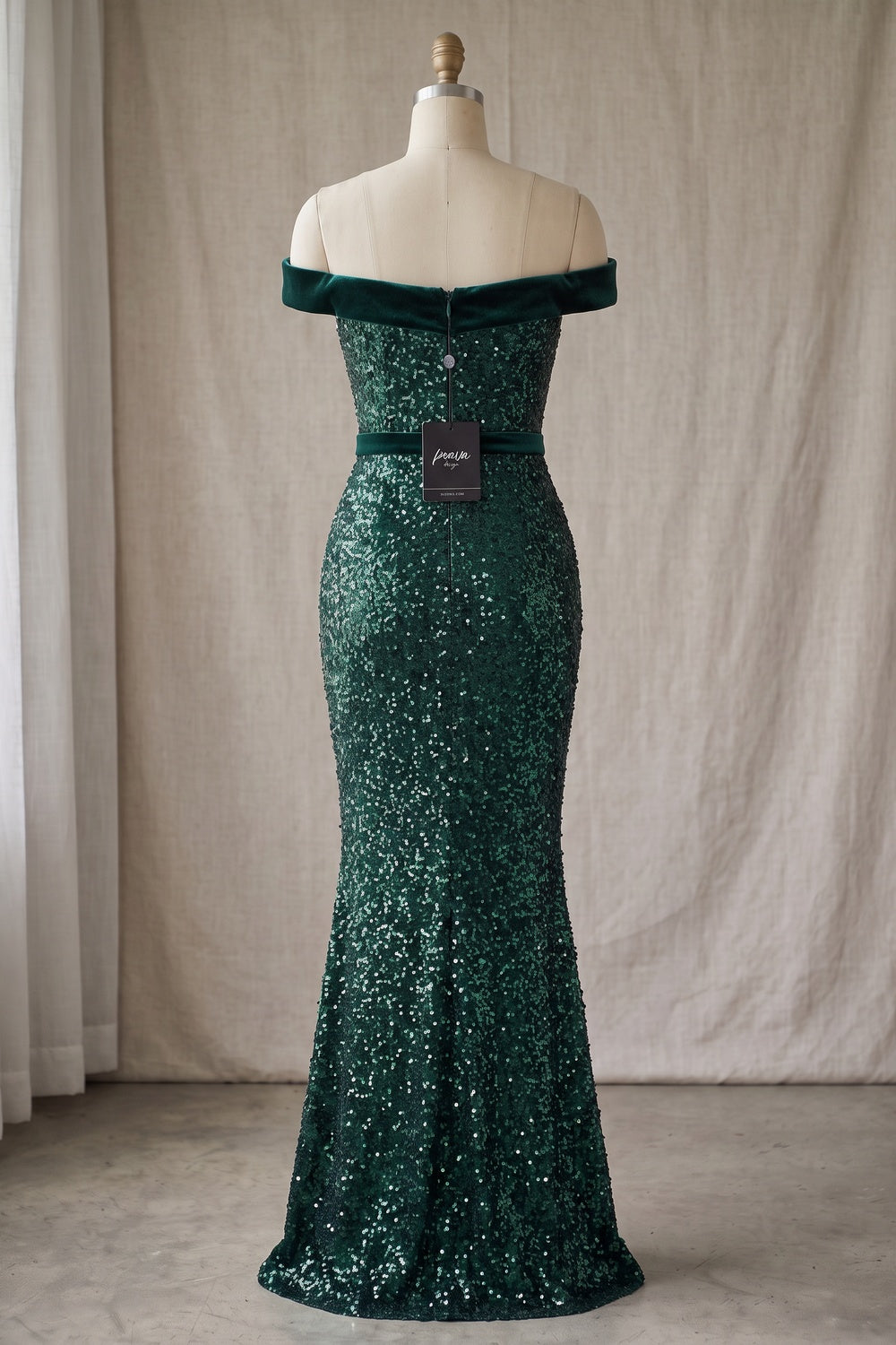 Emerald Green Sequin Mermaid Evening Gown with Off-the-Shoulder Velvet Bands emerald green sequined mesh evening gown - product view 4