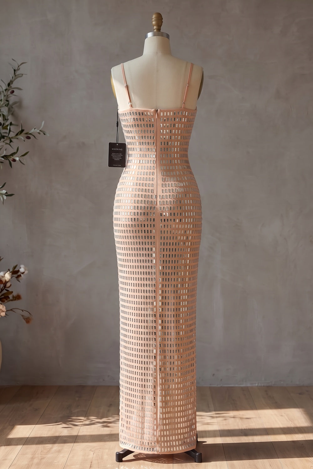 Nude Mesh Column Dress with Silver Grid & Black Bow nude mesh dress - product view 4