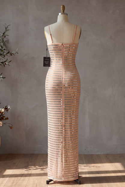Nude Mesh Column Dress with Silver Grid & Black Bow nude mesh dress - product view 4