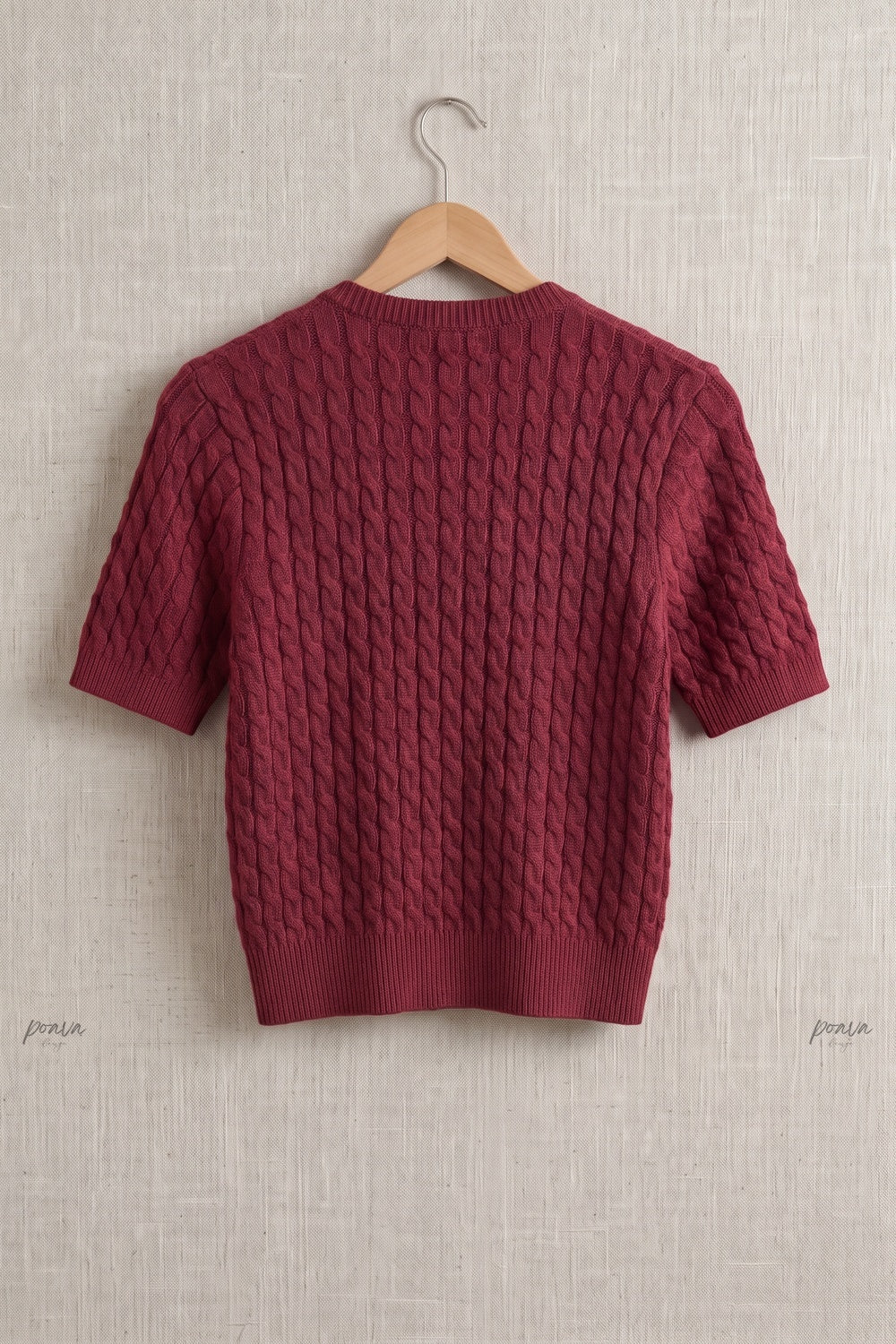Burgundy Cable-Knit Wool Blend Fitted Short-Sleeve Cardigan burgundy cable-knit wool blend cardigan - product view 4