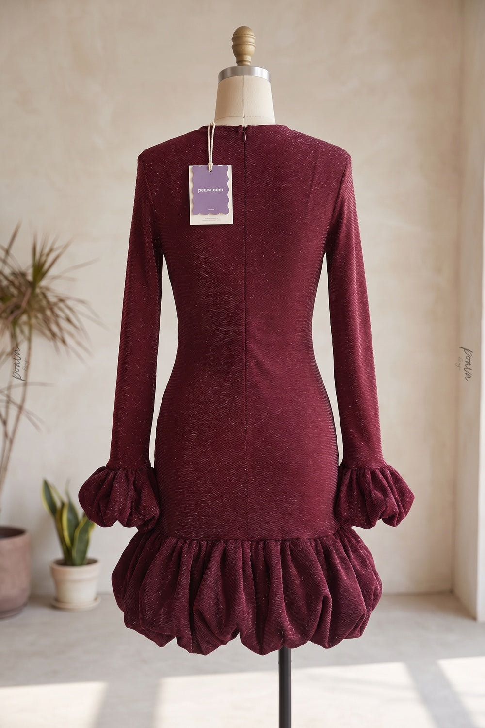 Burgundy Lurex Knit Fitted Bodycon Dress with Voluminous Bubble Hem burgundy lurex knit dress - product view 4