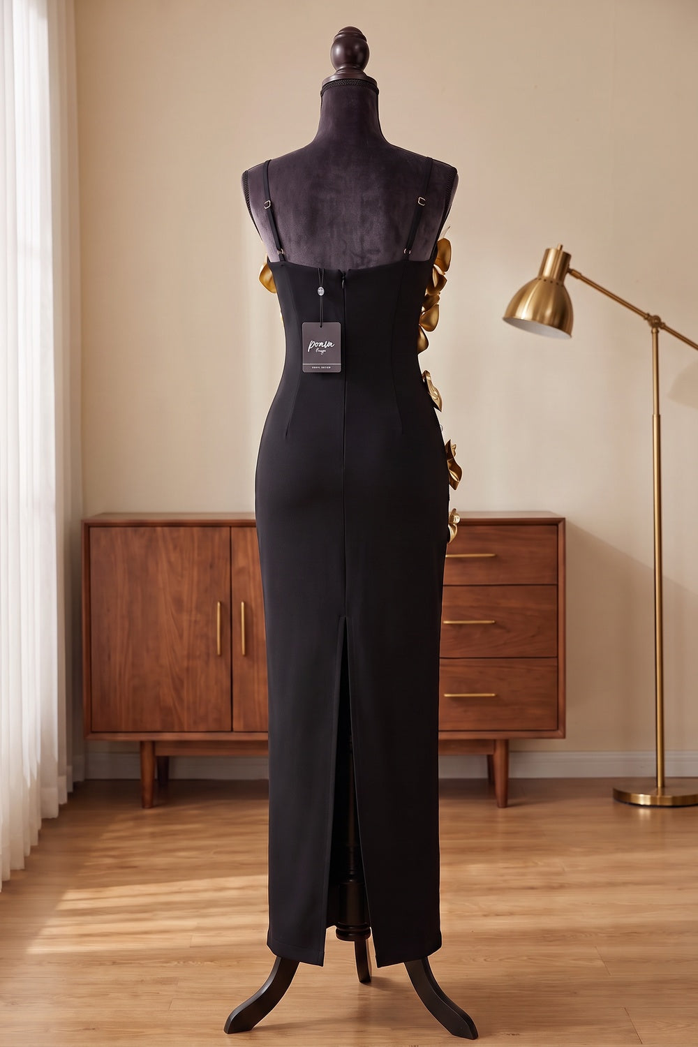 Black Heavy Crepe Column Dress with 3D Metallic Gold Flowers black heavy crepe dress - product view 4