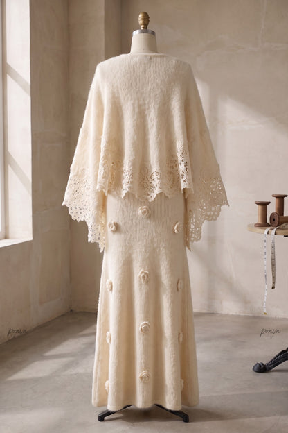 Cream Fuzzy Mohair-Blend Two-Piece Knit Set with Capelet and Rose Appliqué Maxi Dress cream, off-white fuzzy mohair-blend knit two-piece knit set (capelet and maxi dress) - product view 4