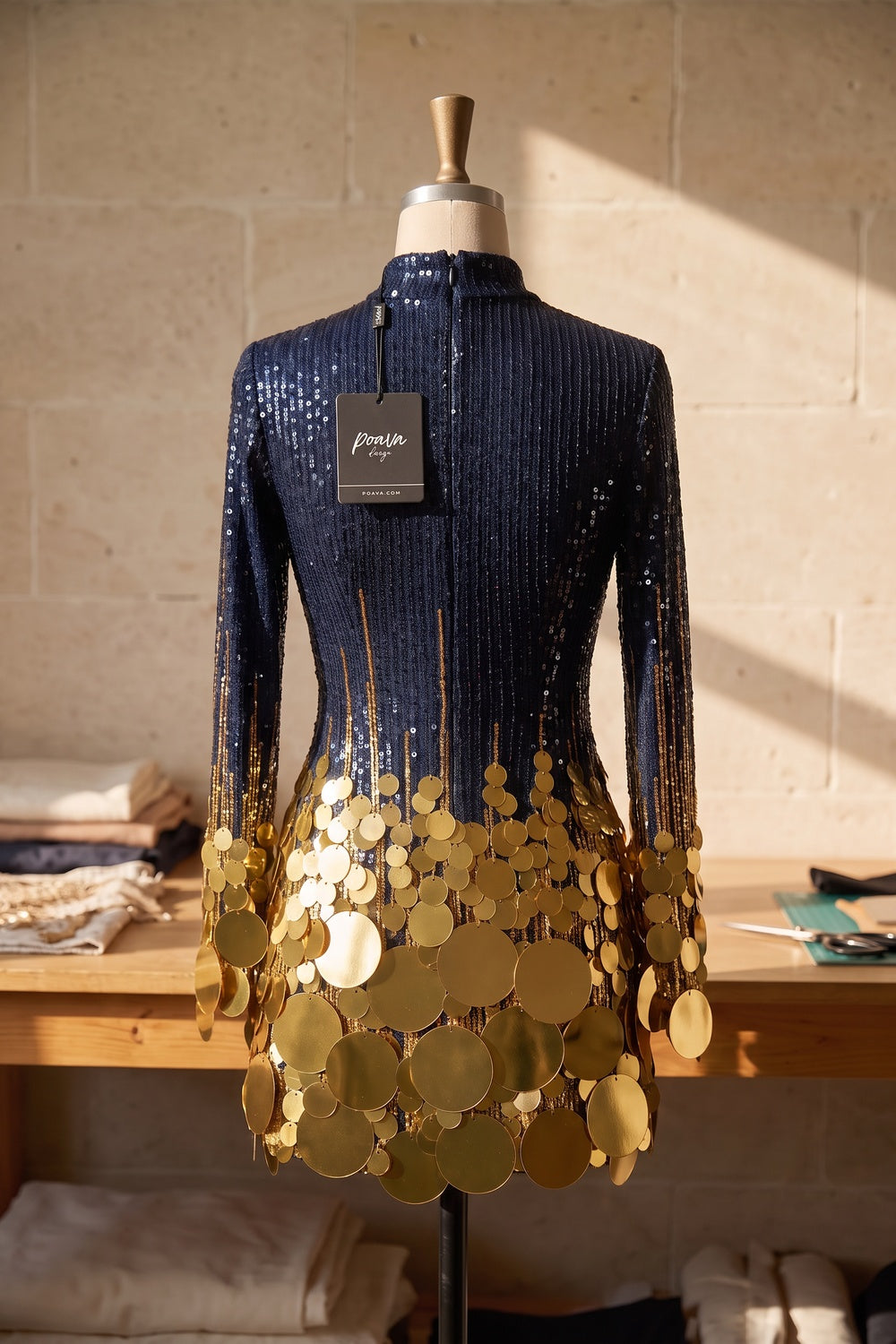 Navy Blue to Gold Ombre Sequin Mini Dress dark navy blue sequined mesh or knit dress - product view 4