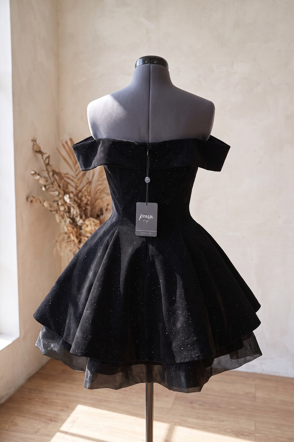 Black Velvet Fit-and-Flare Mini Dress with Rhinestone Bow black velvet dress - product view 4