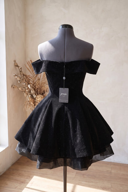 Black Velvet Fit-and-Flare Mini Dress with Rhinestone Bow black velvet dress - product view 4