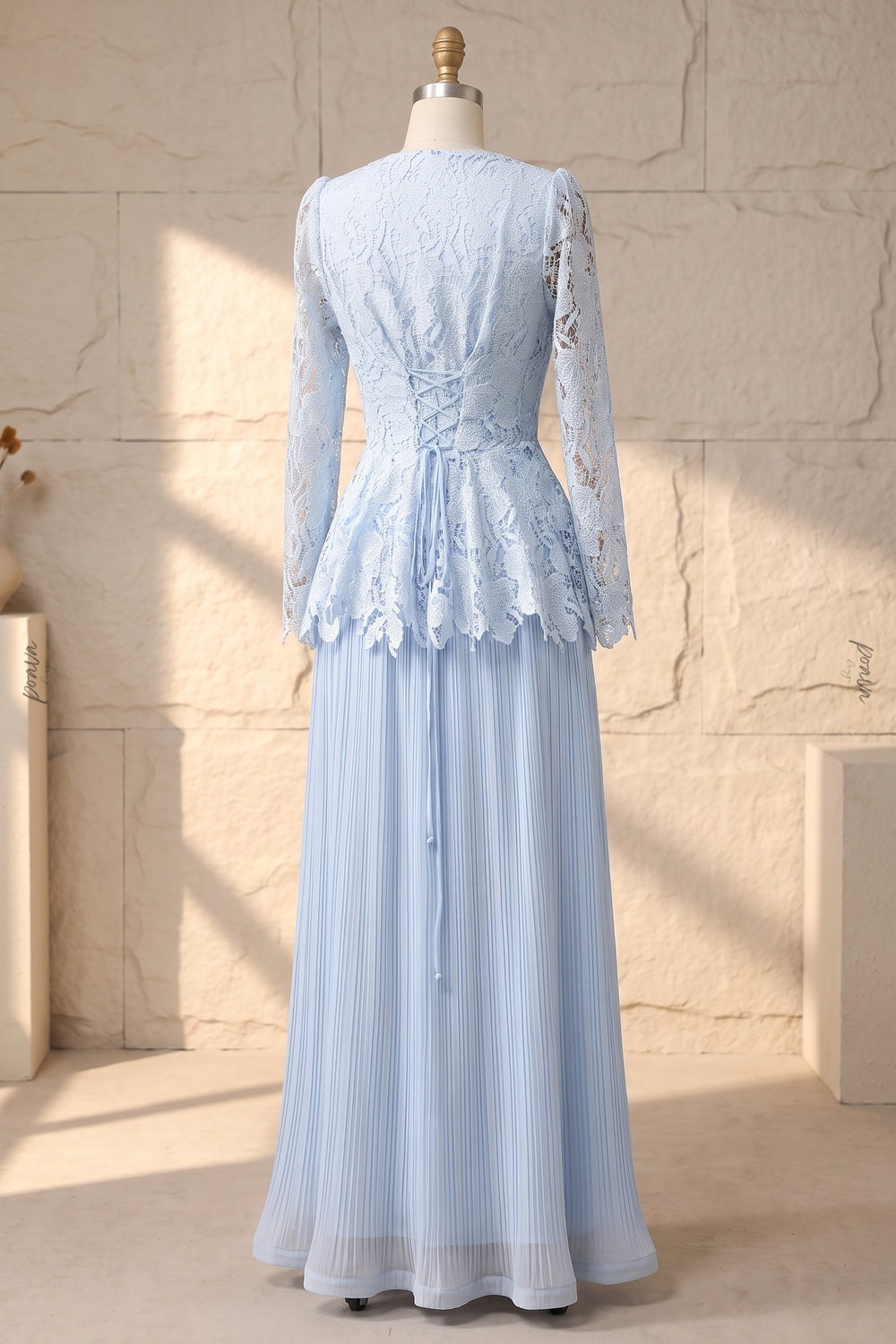 Light Blue Floral Lace Peplum Top & Pleated Maxi Skirt Two-Piece Dress Set light blue floral lace and pleated chiffon two-piece dress set - product view 4