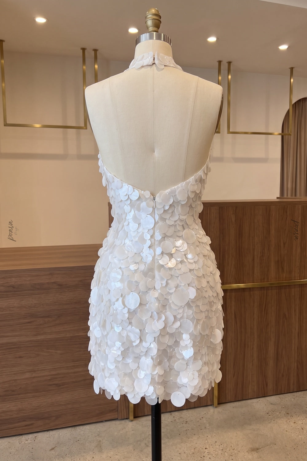 White Paillette Halter Mini Dress white, silver-white mesh base with paillettes mini dress - product view 4