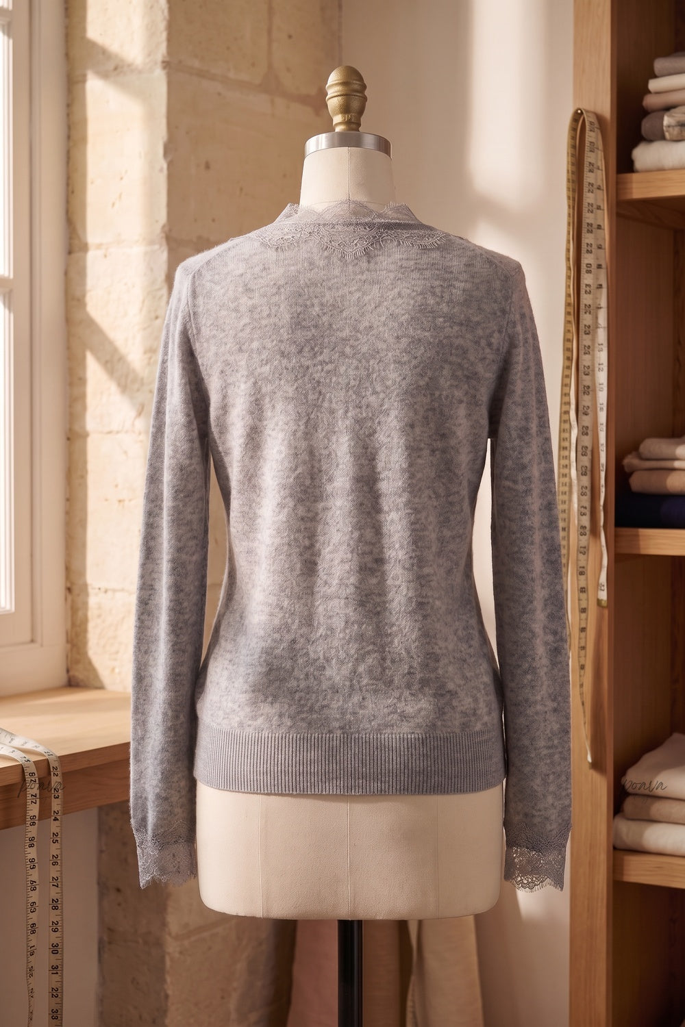 Heather Grey Fine-Knit Cardigan with Delicate Lace Trim heather grey fine knit, likely cashmere or wool blend cardigan - product view 4