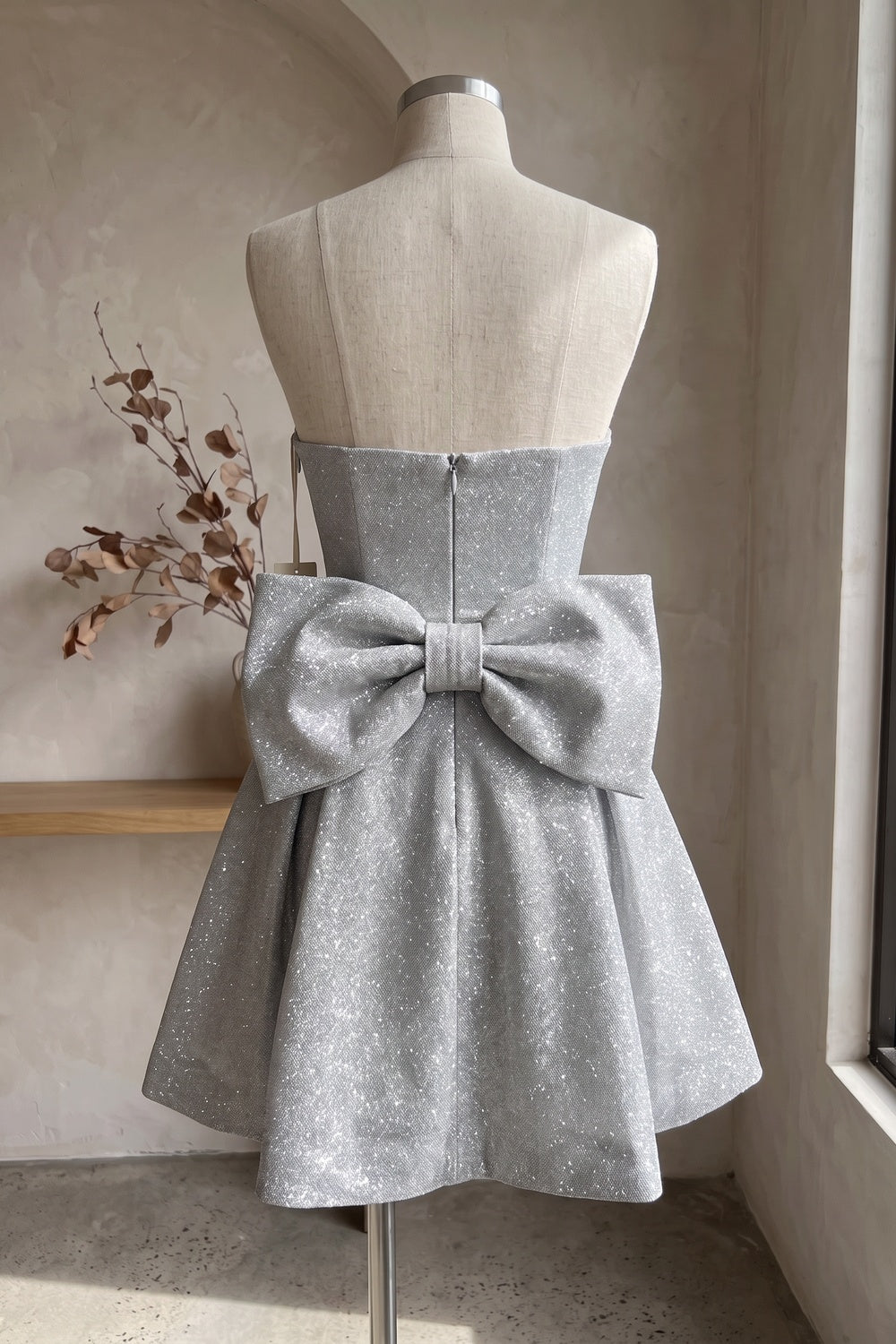 Silver Structured Glitter Fit-And-Flare Mini Dress silver structured glitter fabric dress - product view 4