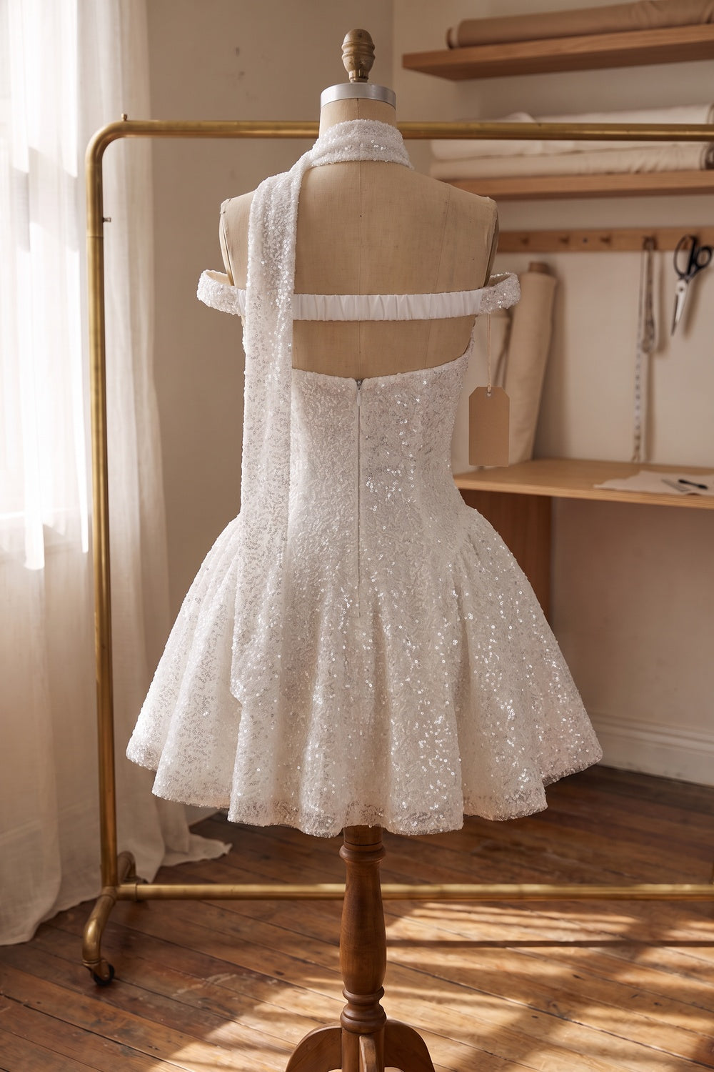 White Sequined Mesh Fit-and-Flare Mini Dress with Matching Neck Scarf white, silver sequined mesh mini dress with matching neck scarf - product view 4