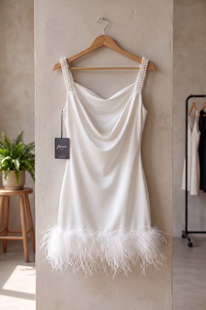 White Satin Sheath Dress with Feather Trim white satin dress - product view 4