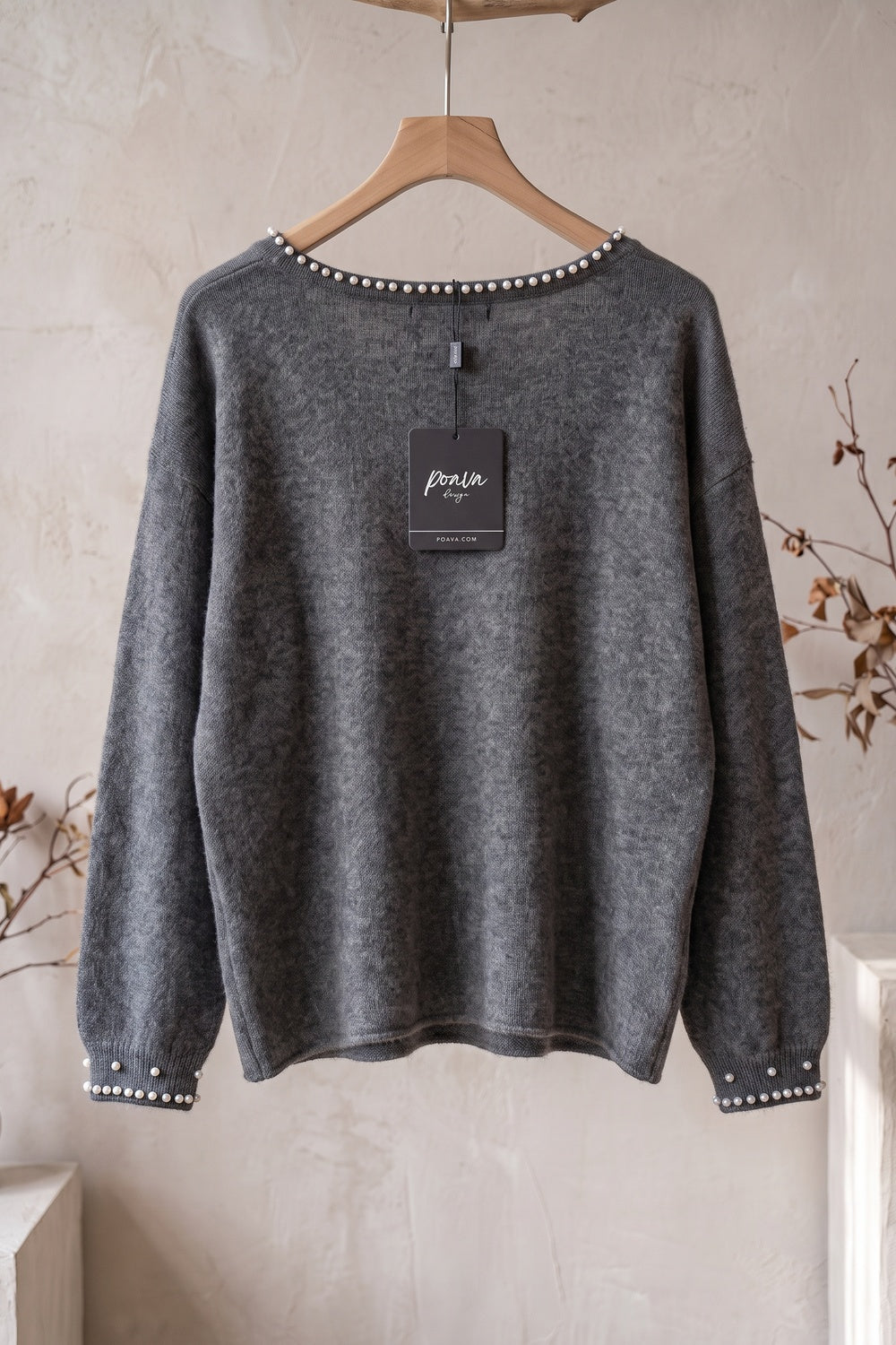 Charcoal Grey Fine-Knit Sweater with Pearl Bead Trim charcoal grey fine knit sweater - product view 4