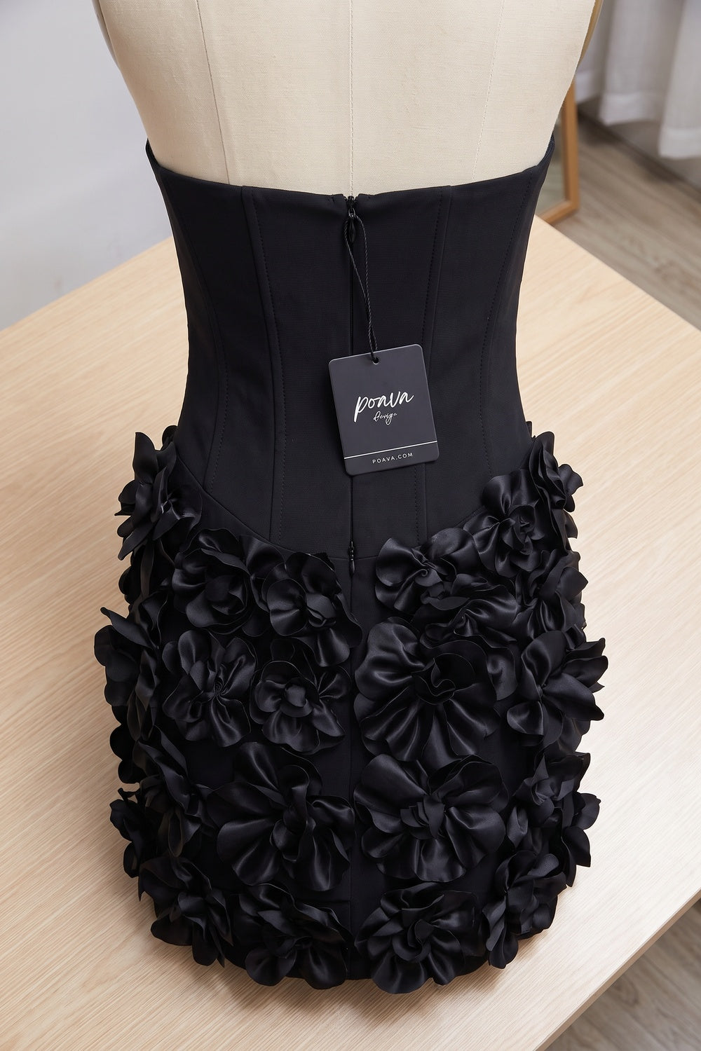 Black Structured Corset Mini Dress with 3D Floral Skirt black structured woven crepe dress - product view 4