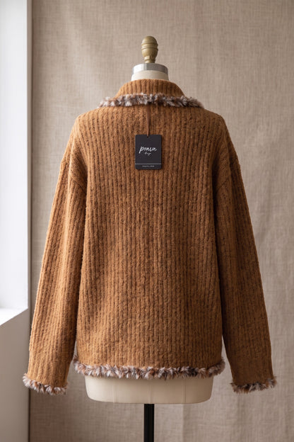 Caramel Brown Textured Mohair-Blend Knit Boxy Cardigan Jacket caramel brown textured mohair-blend knit cardigan jacket - product view 4