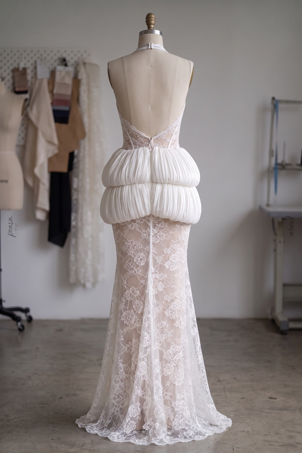 White Floral Lace Mermaid Gown with Bubble Peplum white floral lace gown - product view 4