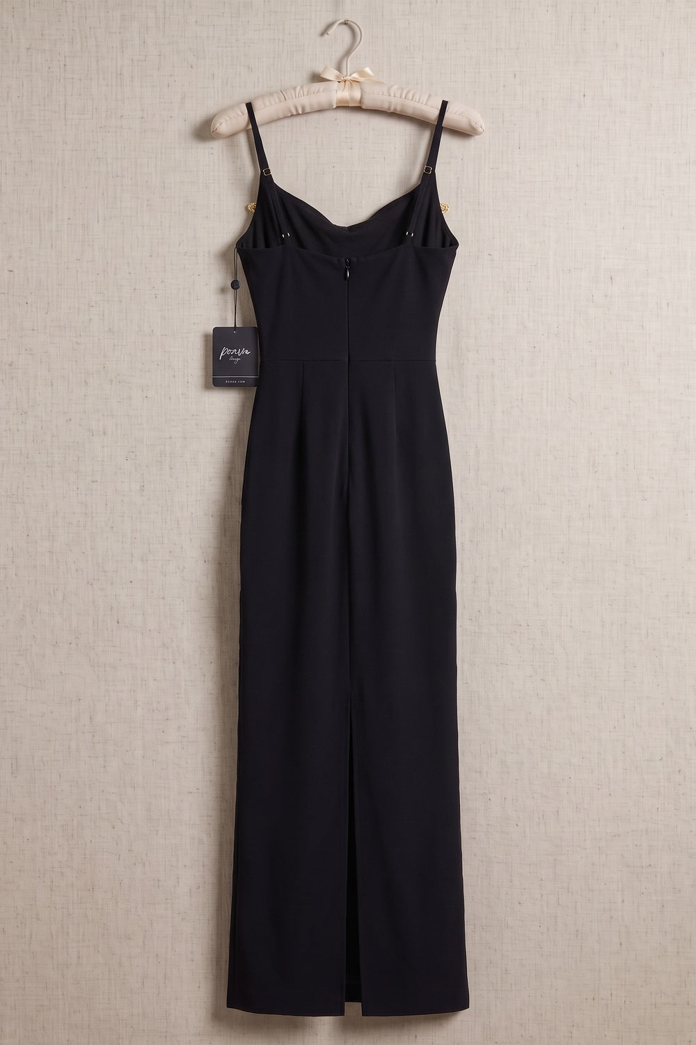 Black Heavy Knit Crepe Column Maxi Dress with Gold Butterfly Embellishment black heavy knit crepe maxi dress - product view 4