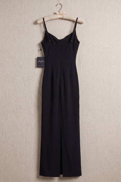 Black Heavy Knit Crepe Column Maxi Dress with Gold Butterfly Embellishment black heavy knit crepe maxi dress - product view 4