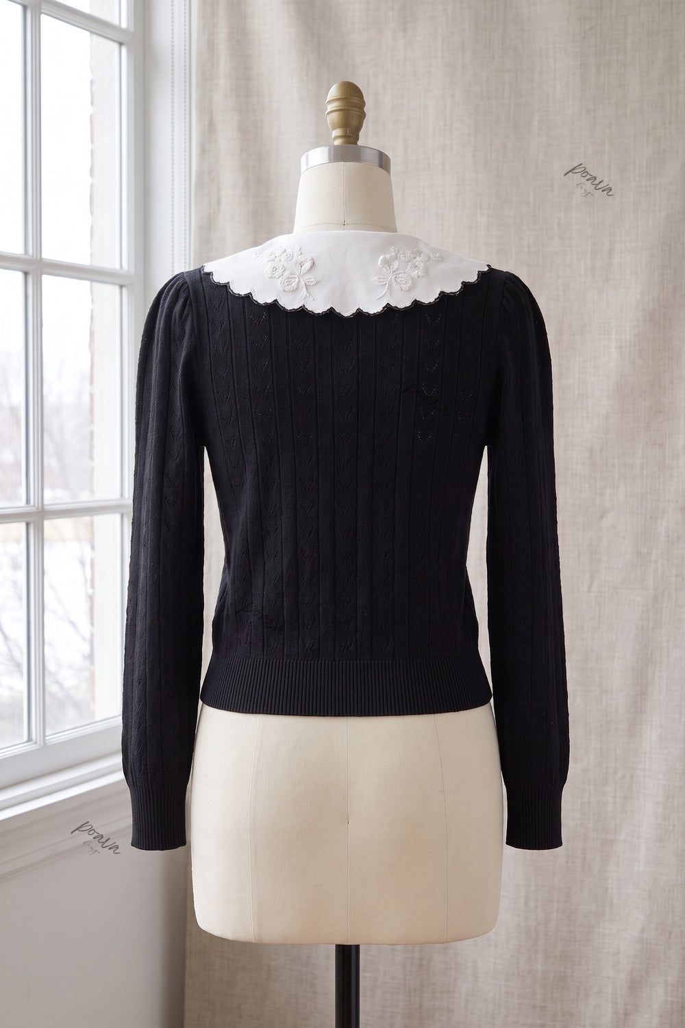 Black Pointelle Knit Cardigan with White Embroidered Collar black fine pointelle knit cardigan - product view 4