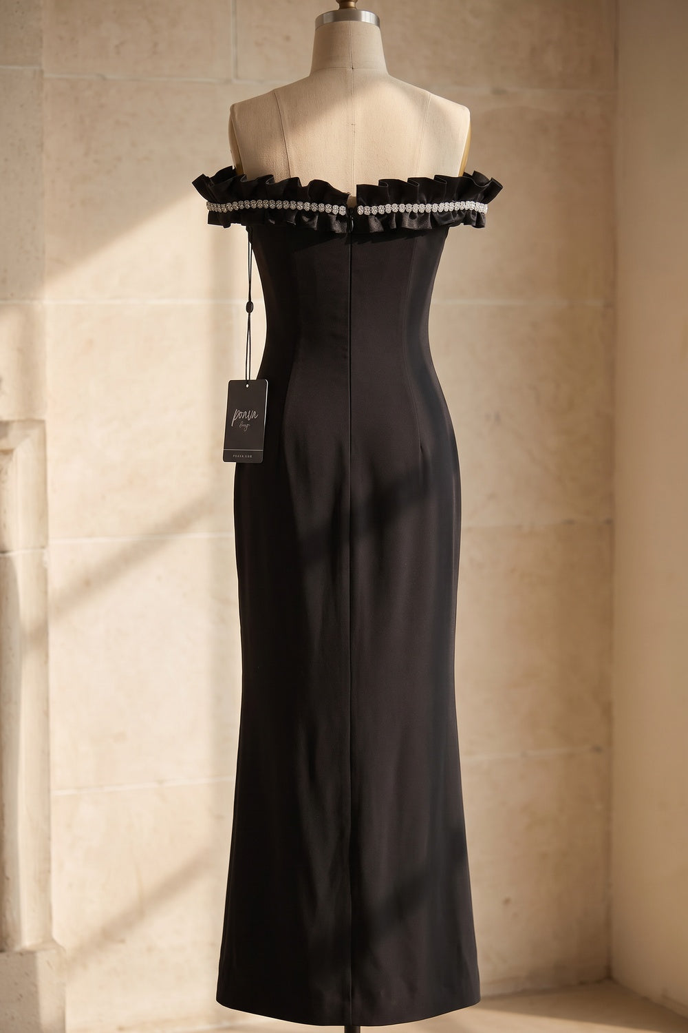 Black Structured Crepe Column Evening Gown with Crystal Ruffle Trim black structured crepe evening gown - product view 4