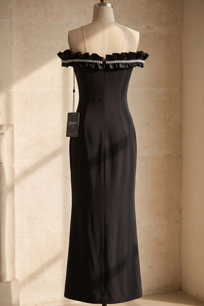 Black Structured Crepe Column Evening Gown with Crystal Ruffle Trim black structured crepe evening gown - product view 4