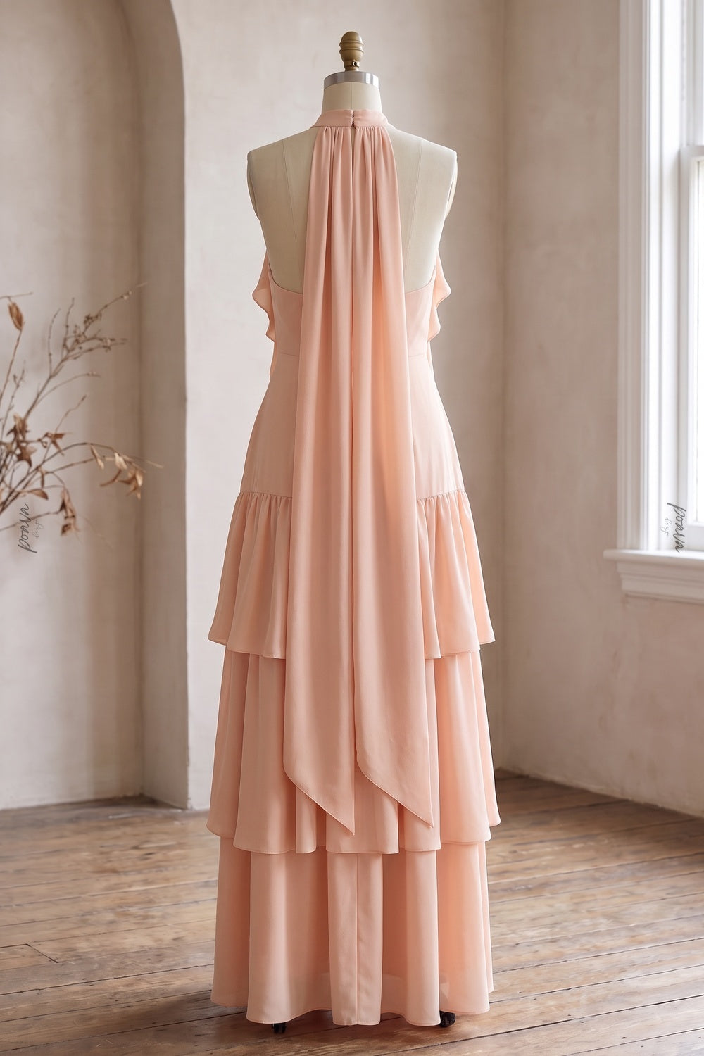 Pale Peach Lightweight Crepe A-Line Tiered Dress pale peach lightweight crepe dress - product view 4