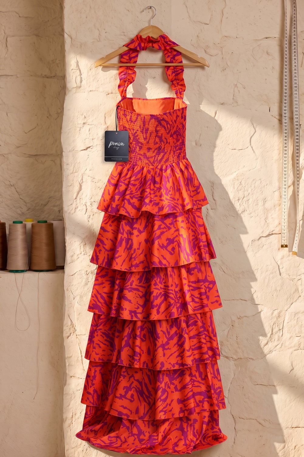 Orange and Purple Abstract Painterly Tiered Halter Maxi Dress orange lightweight woven synthetic tiered halter maxi dress - product view 4